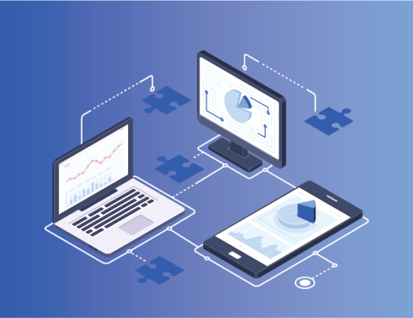 Desktop computer, laptop, and mobile phone connected by roofing technology