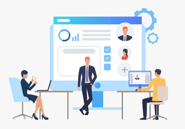 Illustration of several office employees using software