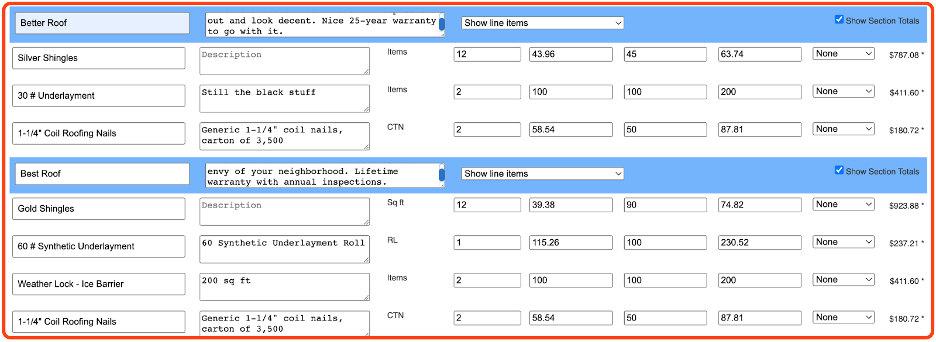 Template for good better best roofing estimate, including better and best items