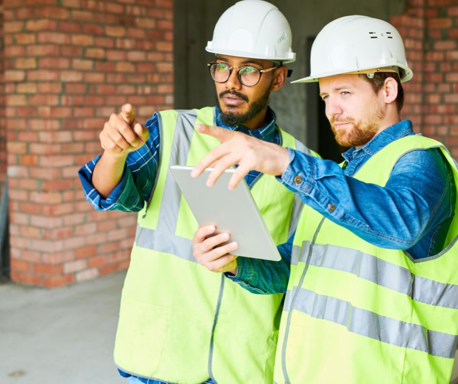 two roofers managing their project on a tablet while on the job site