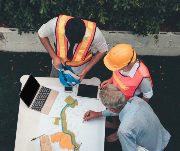roofers looking at computer, tablet, and phone