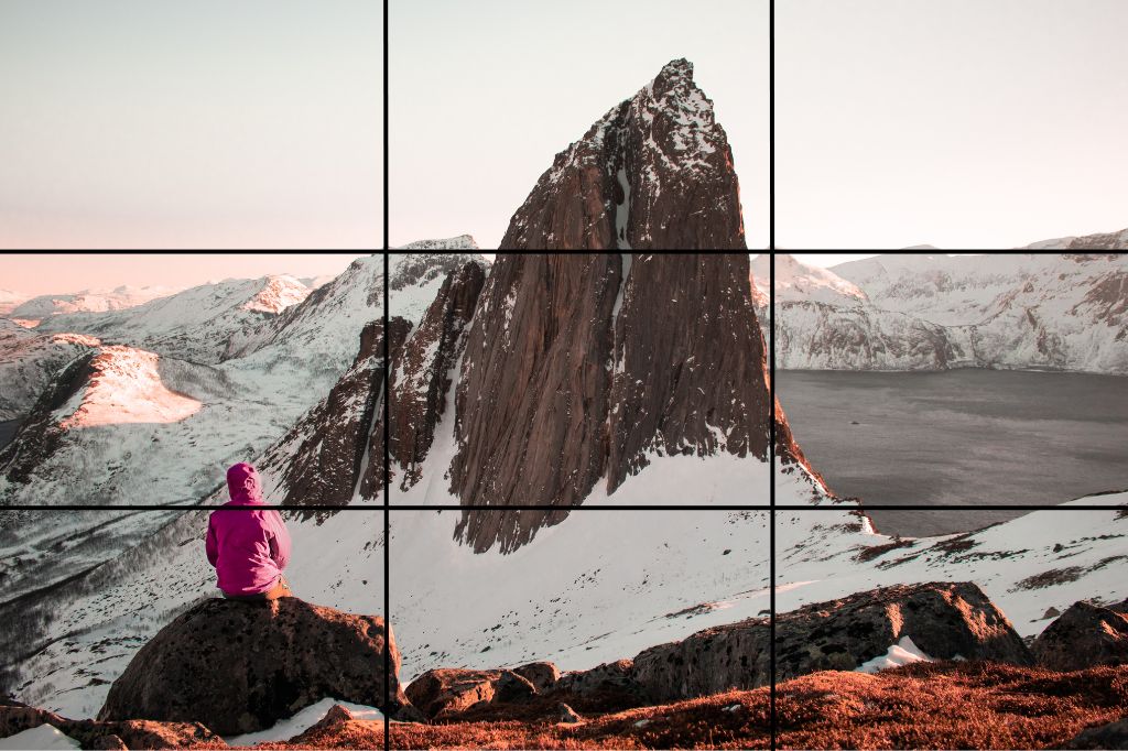 A picture of mountains overlaid with a grid to represent the rule of thirds